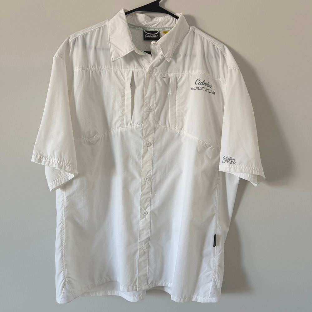 Cabelas GuideWear White Short Sleeve Fishing Shirt UPF 50 Mens‎ XL